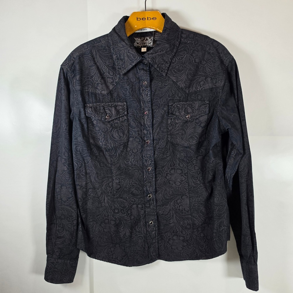 Cowgirl Hardware Womens Large Paisley Western Pearl Snap Shirt Navy Blue Cotton